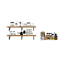 Modern Home Decorative Ornament Set On Wooden Shelf With Glass Jars Coffee Machine And Frames