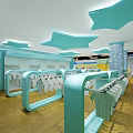 Colorful Kids Clothing Store Interior With Train Design Arched Windows And Bright Floor Tiles