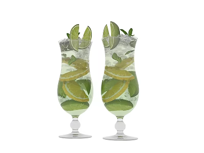 Two Refreshing Drinks with Lime Lemon Mint Leaves and Ice Cubes in Tall Glasses 3d model