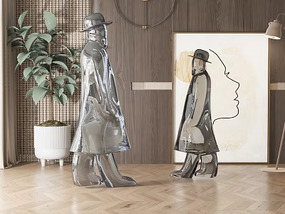 Modern Metal Human Sculptures In Interior With Plant And Decorative Painting 3d model