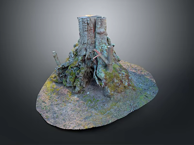 Natural Tree Stump with Exposed Roots and Green Moss on Forest Ground 3d model