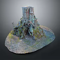 Natural Tree Stump with Exposed Roots and Green Moss on Forest Ground