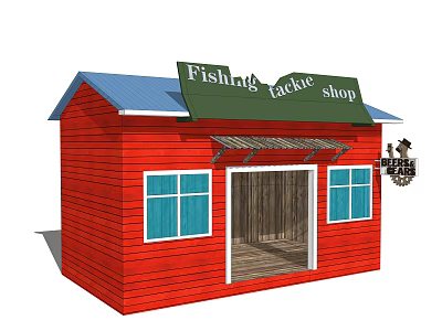 Red Wooden Fishing Tackle Shop House With Blue Roof And Windows 3d model