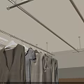 Modern Hanging Clothes Rack With Clothes In Interior Room Featuring Wooden Accent Wall And Blinds