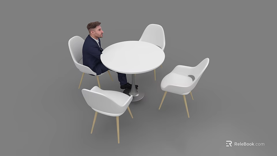 Modern White Round Meeting Table and Chairs with Light Colored Legs and Person Sitting 3d model 