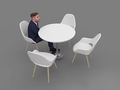 Modern White Round Meeting Table and Chairs with Light Colored Legs and Person Sitting 3d model