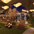 Enchanting Outdoor Restaurant With Cloud Shaped Lights Starry Sky Background Giraffe Decorations And Illuminated Trees