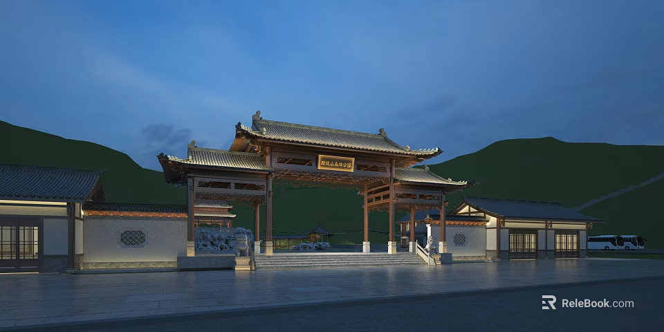 Traditional Chinese Entrance Gate Featuring Classic Roof Plaque And Green Mountain Surroundings 3d model 
