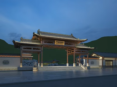 Traditional Chinese Entrance Gate Featuring Classic Roof Plaque And Green Mountain Surroundings 3d model