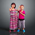 Woman In Colorful Striped Dress Standing With Child In Pink T Shirt Against Gray Background