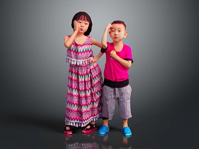 Woman In Colorful Striped Dress Standing With Child In Pink T Shirt Against Gray Background 3d model