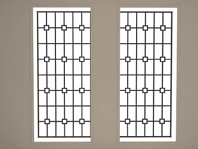 Two Symmetrical Casement Windows Featuring Grid Pattern And White Frame Design 3d model