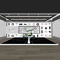 Modern Motorcycle Exhibition Hall With Green Motorcycle And Wall Displayed Parts 3d model