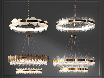 Round Modern Chandeliers With Crystal Elements And Gold Metal Frames For Interior Lighting 3d model
