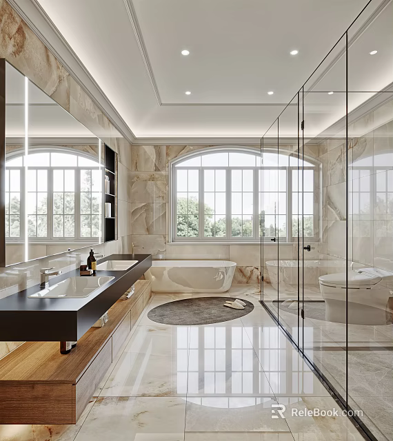 Elegant Modern Bathroom Interior Featuring Marble Walls Double Sink Bathtub Glass Shower And Large Windows 3d model 