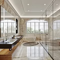 Elegant Modern Bathroom Interior Featuring Marble Walls Double Sink Bathtub Glass Shower And Large Windows