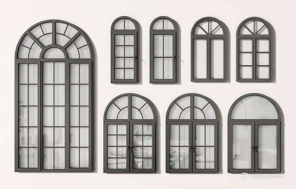 Stylish Casement Windows with Arched Rectangular Designs Black Frames and Grid Glass Patterns 3d model 