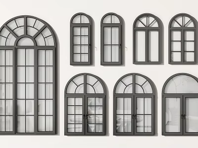 Stylish Casement Windows with Arched Rectangular Designs Black Frames and Grid Glass Patterns 3d model