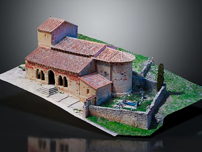 Traditional Style Residential Building With Red Tile Roof Stone Walls Arched Doors And Garden Yard 3d model