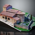 Traditional Style Residential Building With Red Tile Roof Stone Walls Arched Doors And Garden Yard