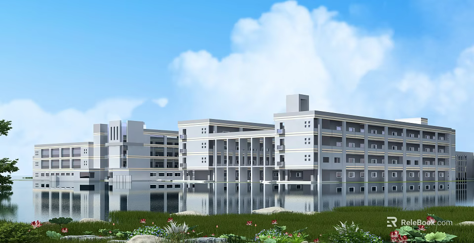 Modern Multi story School Building With Large Windows Green Lawn And Water Reflection 3d model 