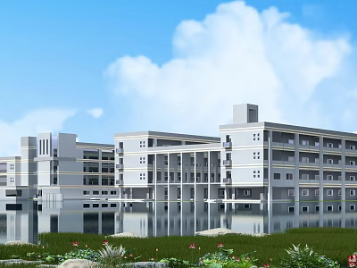 Modern Multi story School Building With Large Windows Green Lawn And Water Reflection 3d model