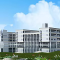 Modern Multi story School Building With Large Windows Green Lawn And Water Reflection