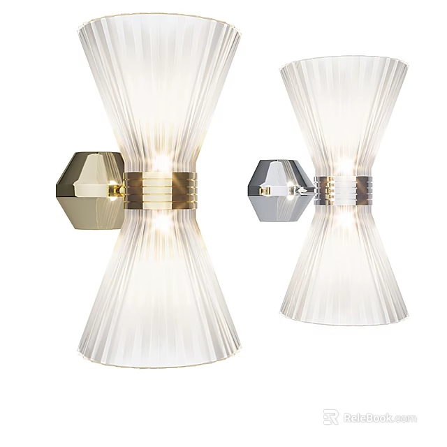 Modern Gold and Silver Wall Lamp with Ribbed Glass Shade and Metal Base 3d model 