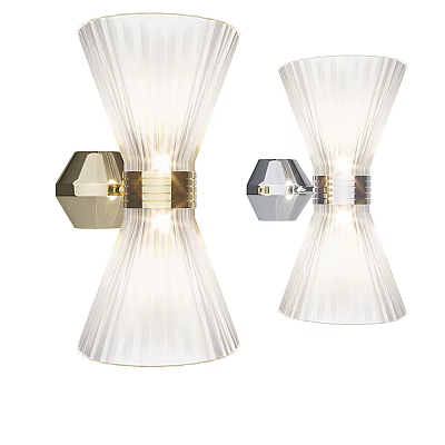 Modern Gold and Silver Wall Lamp with Ribbed Glass Shade and Metal Base 3d model