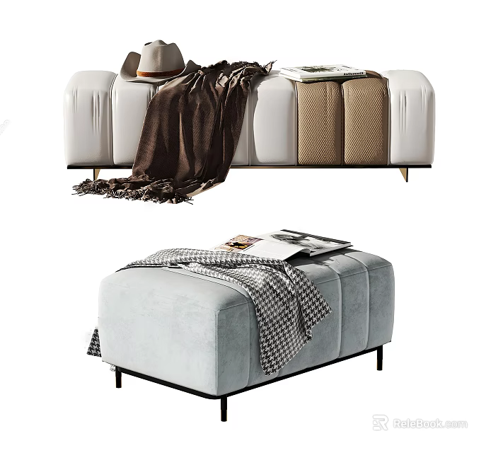 Gray Velvet Tufted Ottoman With Plaid Blanket Magazines And Metal Legs 3d model 