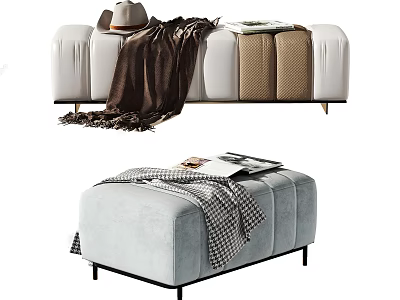 Gray Velvet Tufted Ottoman With Plaid Blanket Magazines And Metal Legs 3d model