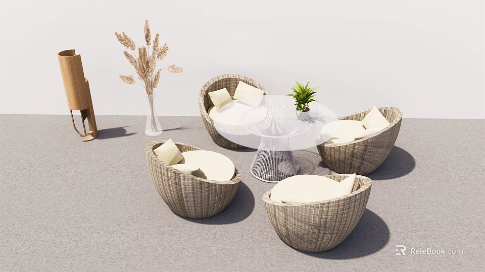Round Wicker Outdoor Sofa With White Cushions Table And Plants For Patio 3d model 