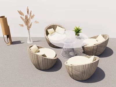 Round Wicker Outdoor Sofa With White Cushions Table And Plants For Patio 3d model