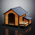 Wooden Dog House With Black Roof And Small Table With Bowls