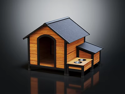 Wooden Dog House With Black Roof And Small Table With Bowls 3d model