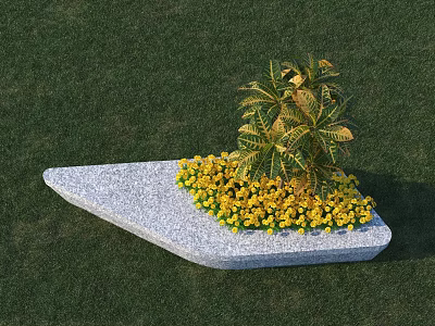 Stone Public Chair with Yellow Flowers and Green Plants in Grass Area 3d model