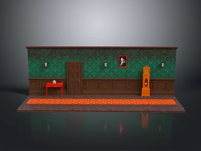Green Wall Interior With Wooden Door Red Side Table Wall Lamps And Orange Rug 3d model