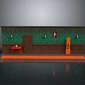 Green Wall Interior With Wooden Door Red Side Table Wall Lamps And Orange Rug