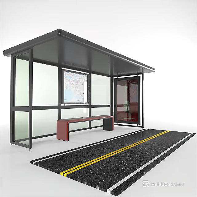 Modern Bus Shelter With Glass Walls Bench Map Display And Road Yellow Lines 3d model 