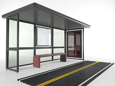 Modern Bus Shelter With Glass Walls Bench Map Display And Road Yellow Lines 3d model