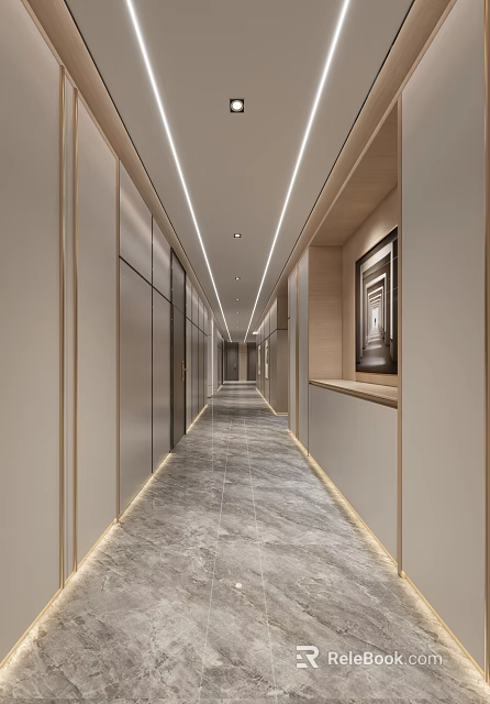 Hotel Corridor Modern Interior Design With Recessed Lighting Wooden Walls Marble Floor And Decorative Painting 3d model 