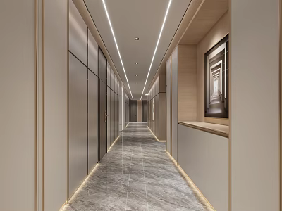 Hotel Corridor Modern Interior Design With Recessed Lighting Wooden Walls Marble Floor And Decorative Painting 3d model
