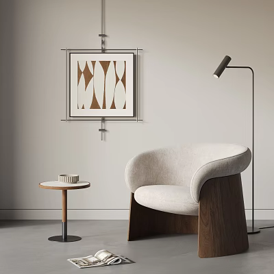 Beige Lounge Chair With Wooden Legs Geometric Wall Art And Floor Lamp In Modern Room 3d model