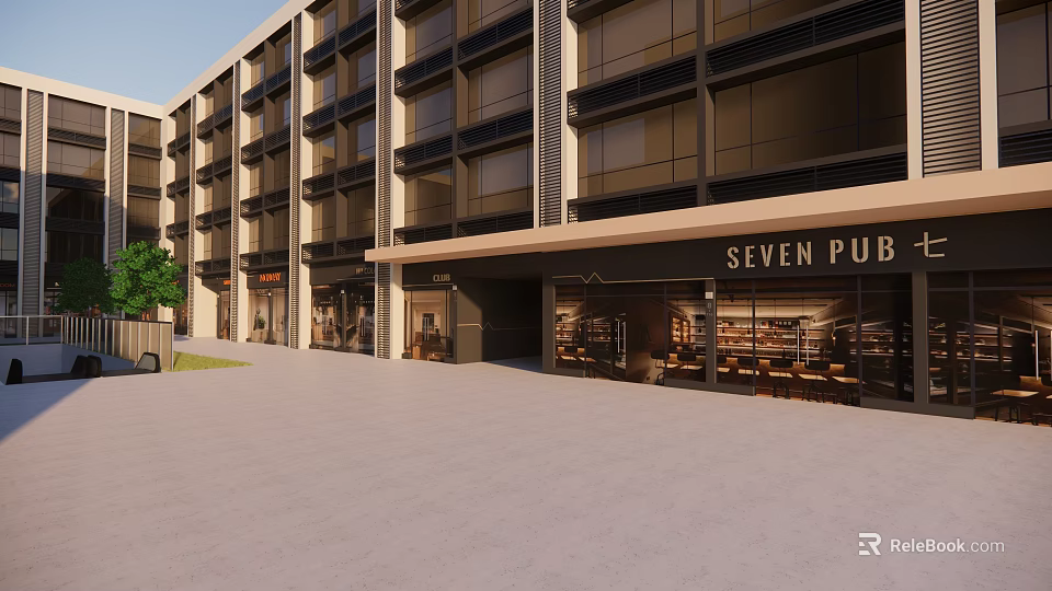 Modern Commercial Street with Multi Story Building Seven Pub and Glass Windows 3d model 