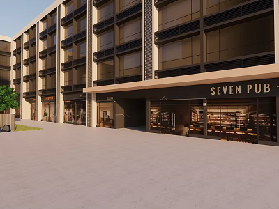 Modern Commercial Street with Multi Story Building Seven Pub and Glass Windows 3d model