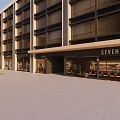 Modern Commercial Street with Multi Story Building Seven Pub and Glass Windows