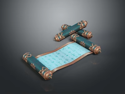 Traditional Ancient Scroll Manuscript With Golden Decorative Accents And Blue Text 3d model