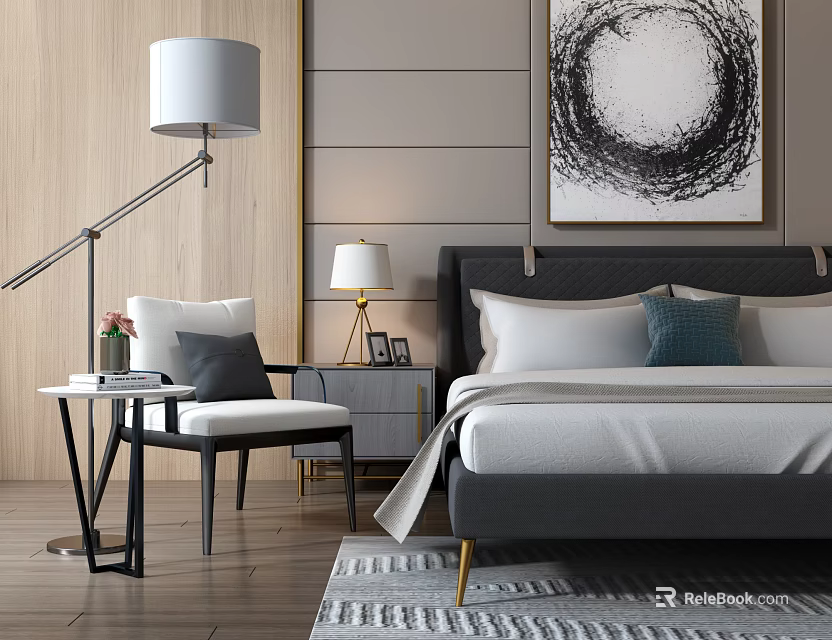 Modern Bedroom Interior With Double Bed Bedside Table Floor Lamp Accent Pillows and Area Rug 3d model 