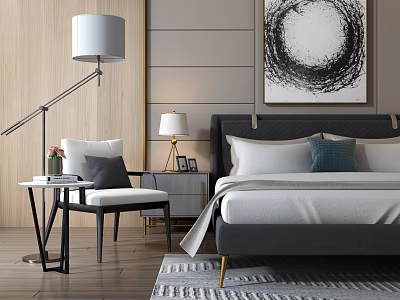 Modern Bedroom Interior With Double Bed Bedside Table Floor Lamp Accent Pillows and Area Rug 3d model