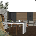 Outdoor Garden Landscape Design With Wooden Deck Marble Countertop Rattan Swing Chair And Green Plants